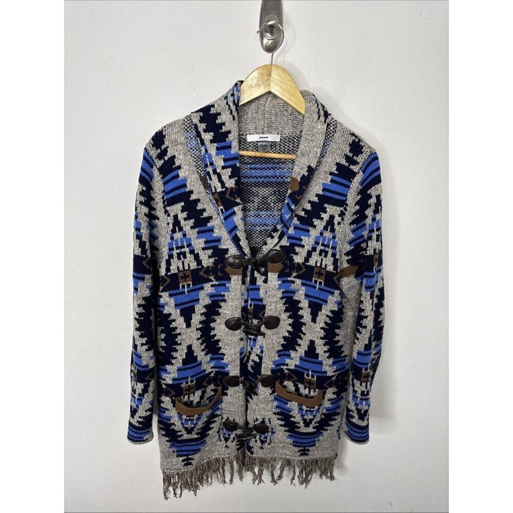 Alia‎ Woman M Southwestern Aztec Cardigan Sweater Knit Fringe Toggle Shawl